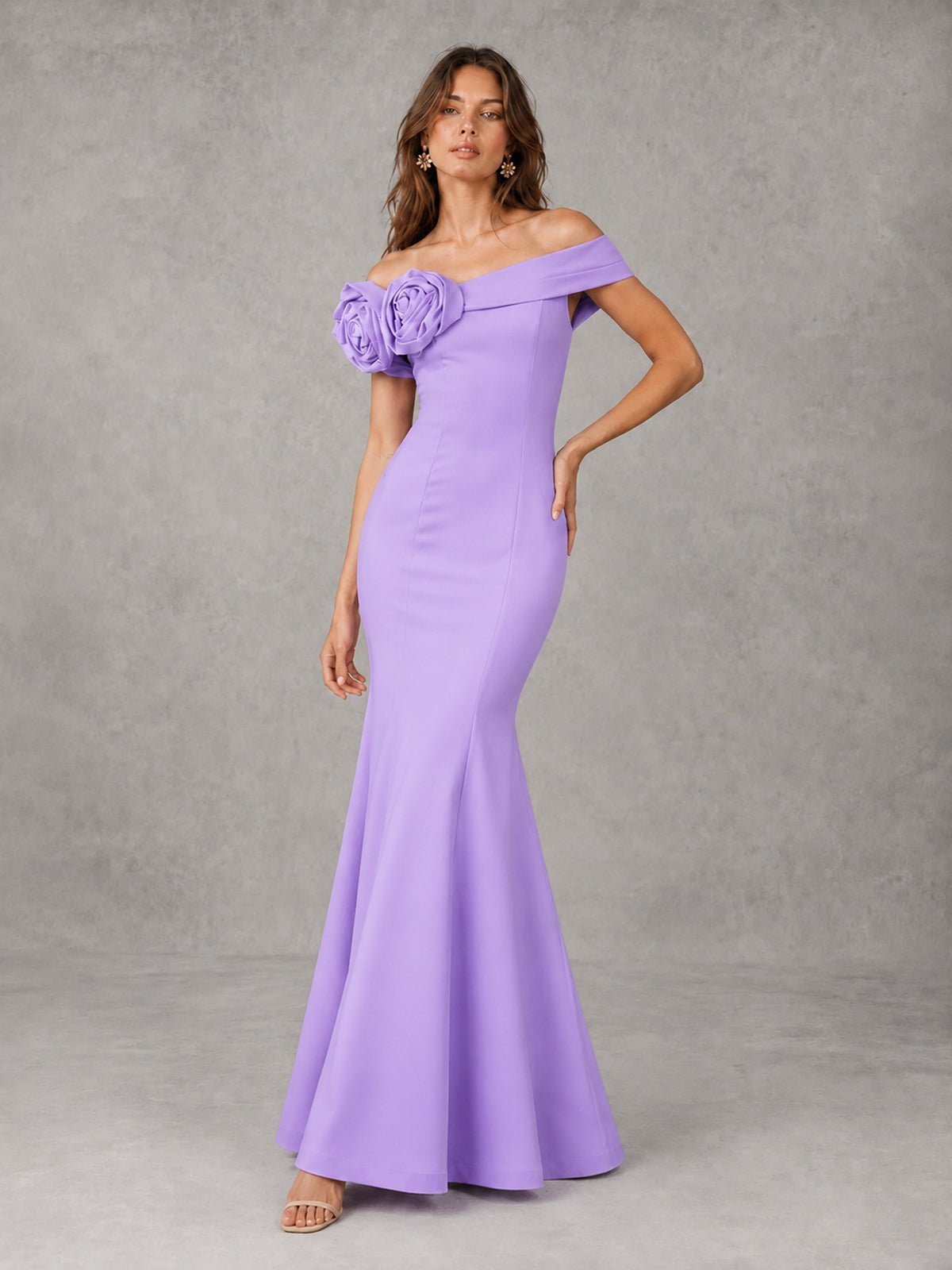 Blush Pink Off Shoulder Mermaid Bridesmaid Dress with Floral Rosette