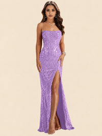 Sequin Lace Appliques Mermaid Prom Dress Spaghetti Strap Formal Gowns with Slit