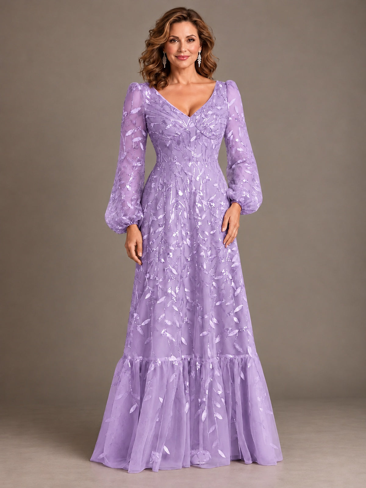 Floral Sequin Embroidered A-Line Mother of the Bride Dress with Long Sleeves