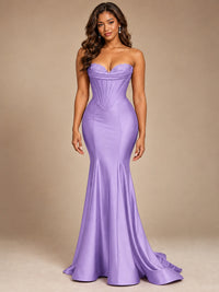Red Strapless Satin Mermaid Prom Dress with Corset Bodice