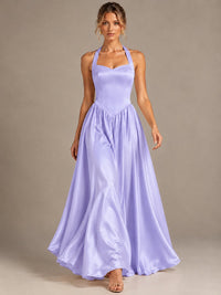 Light Yellow Halter Neck Satin A-Line Maxi Dress with Pockets
