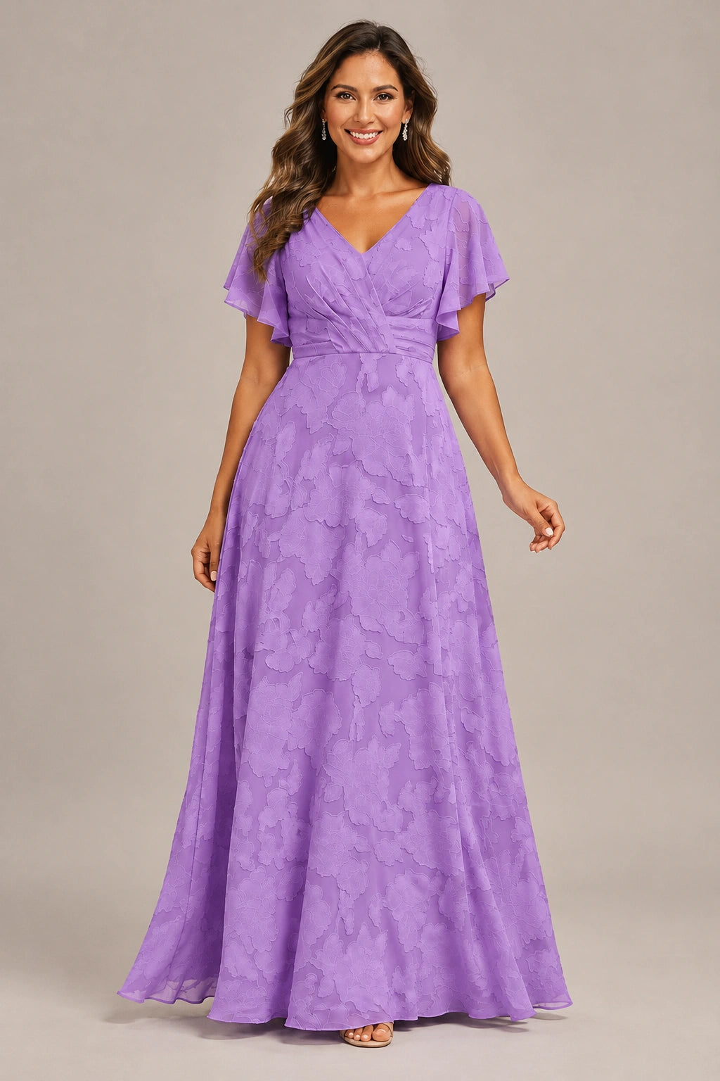 Jovellee Floral Chiffon A-Line Mother of the Bride Dress with Flutter Sleeves