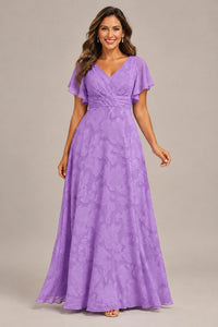 Jovellee Floral Chiffon A-Line Mother of the Bride Dress with Flutter Sleeves