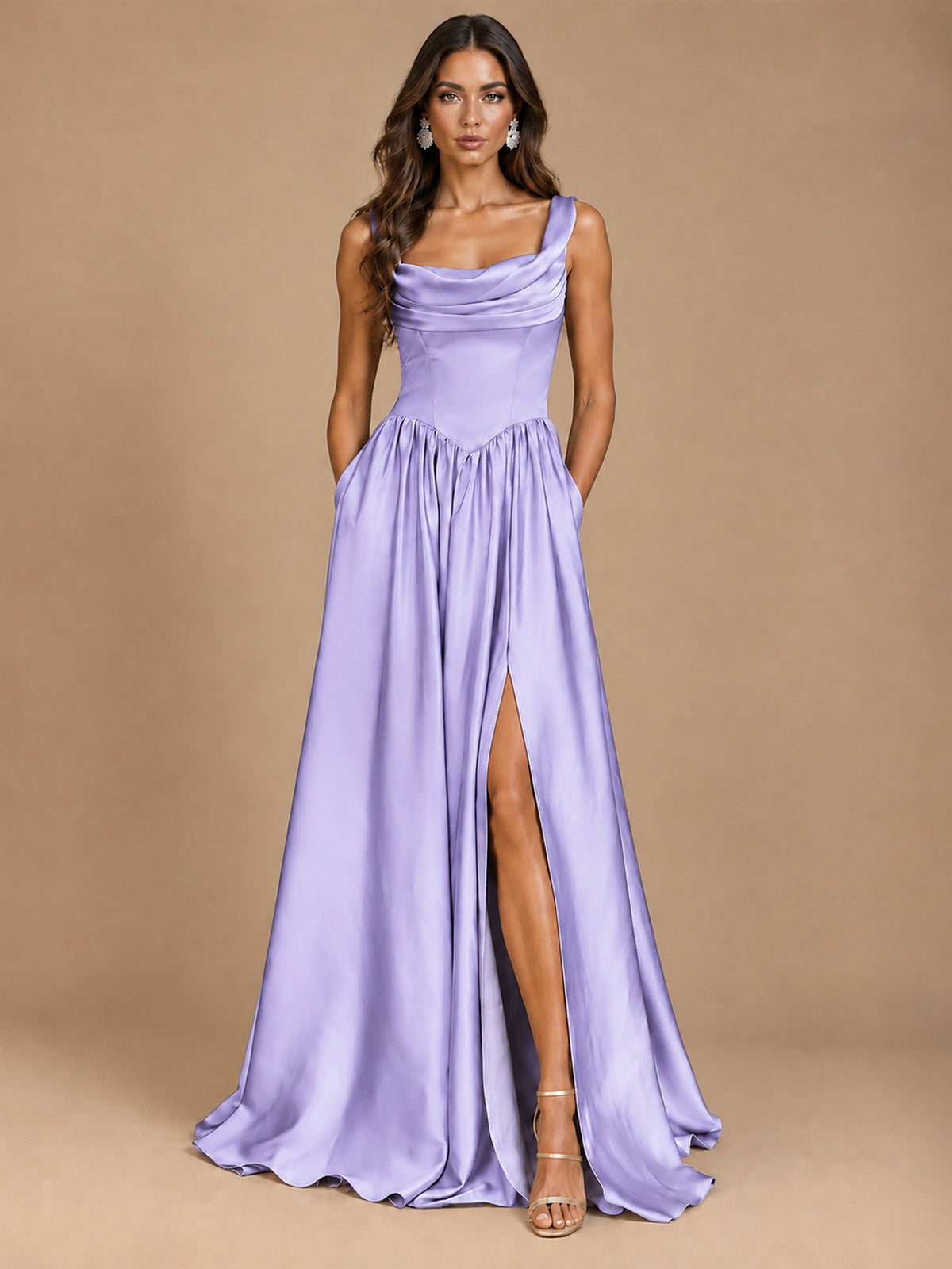 Cowl Neck Pleated Satin Prom Dress with Pockets & Slit Maxi Formal Gowns
