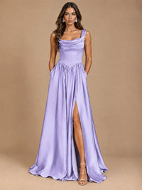 Cowl Neck Pleated Satin Prom Dress with Pockets & Slit Maxi Formal Gowns