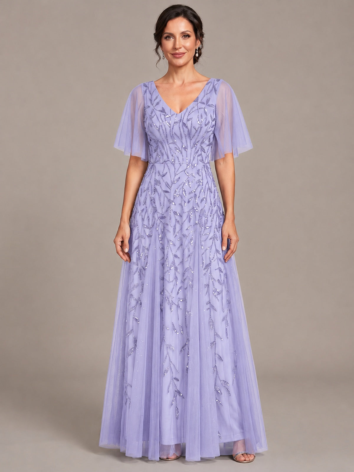 Lavender V-Neck Sequin Tulle Mother of the Bride Dress with Flutter Sleeve A-line Evening Formal Wedding Guest Dress