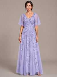 Lavender V-Neck Sequin Tulle Mother of the Bride Dress with Flutter Sleeve A-line Evening Formal Wedding Guest Dress
