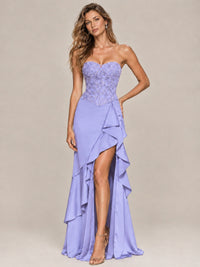 Strapless Lace Appliques Corset Satin Prom Dress Ruffle Slit Evening Gown