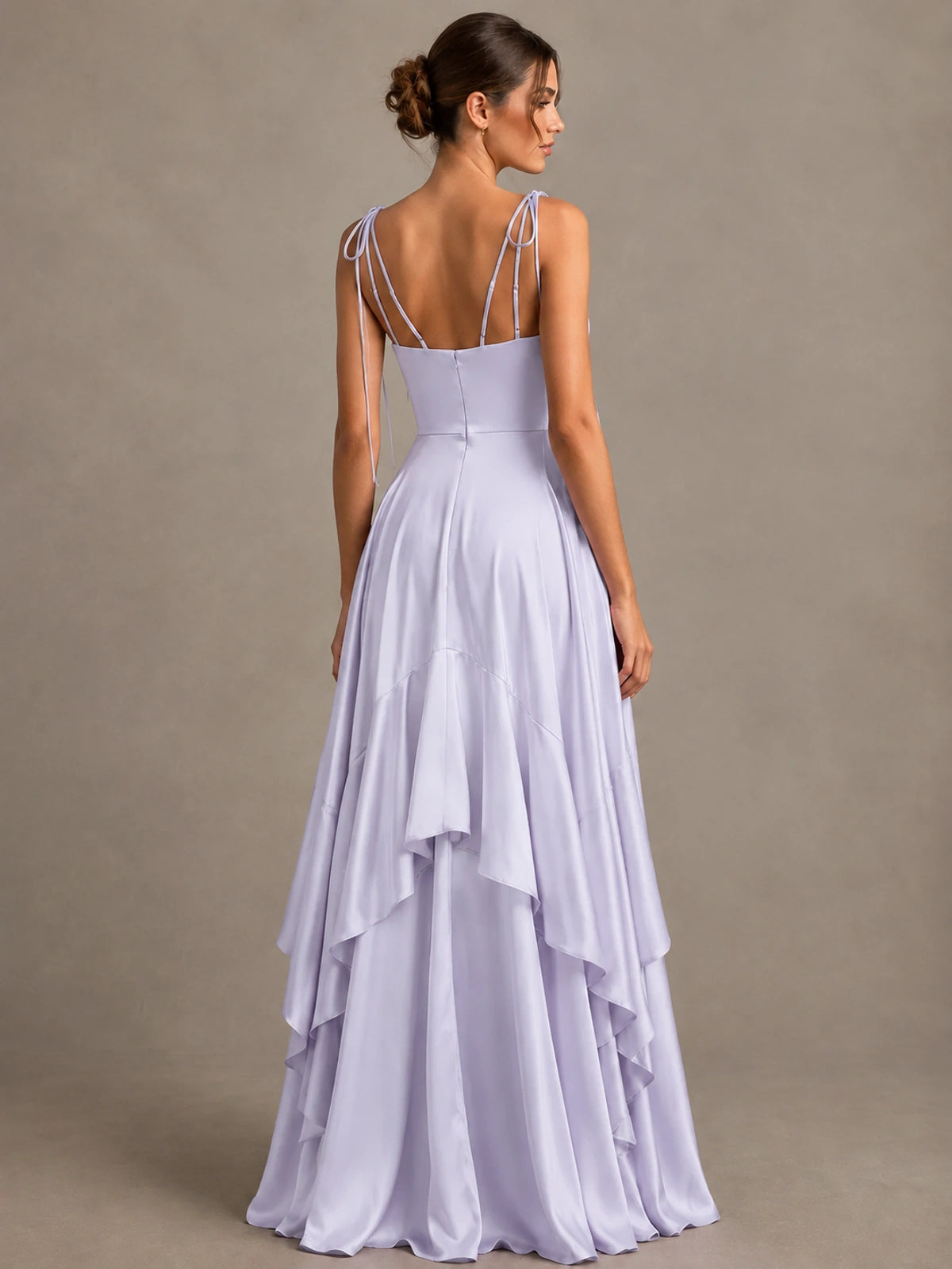 Lavender Satin V-Neck Ruffle Maxi Dress