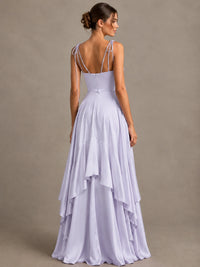 Lavender Satin V-Neck Ruffle Maxi Dress