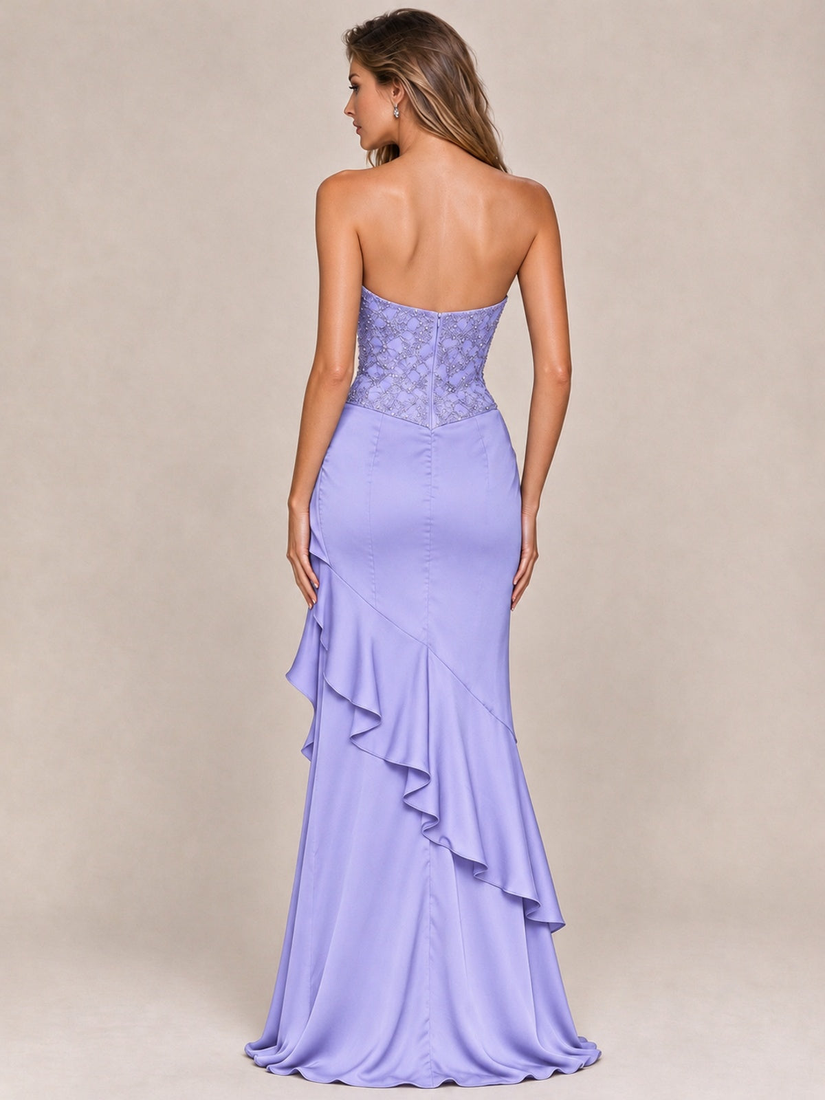 Strapless Lace Appliques Corset Satin Prom Dress Ruffle Slit Evening Gown