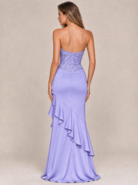 Strapless Lace Appliques Corset Satin Prom Dress Ruffle Slit Evening Gown