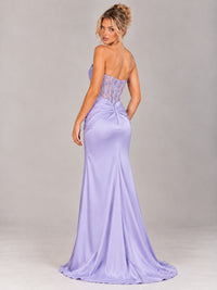 Strapless Satin Prom Dress with Sheer Lace Corset & High Slit