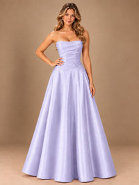 Blush Pink Strapless Satin A-Line Prom Dress with Ruched Bodice
