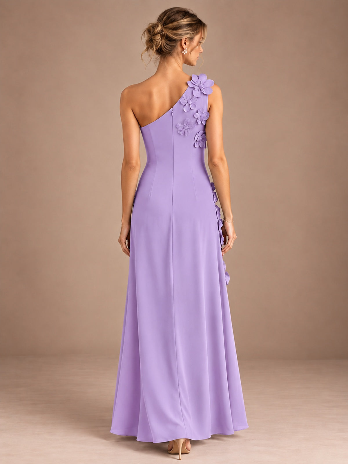 Sage Green One Shoulder Satin Formal Maxi Dress with 3D Floral