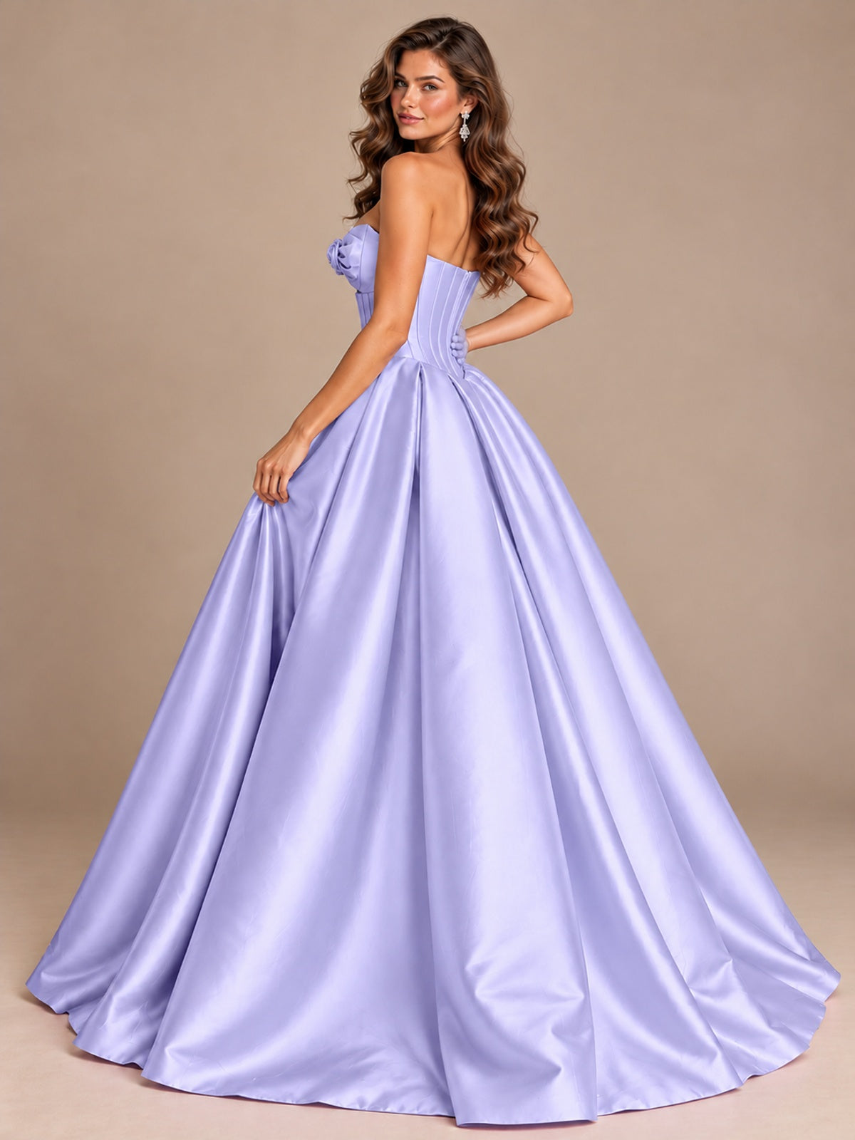 Pink Strapless Corset Satin Prom Derss & Ball Gown with 3D Floral