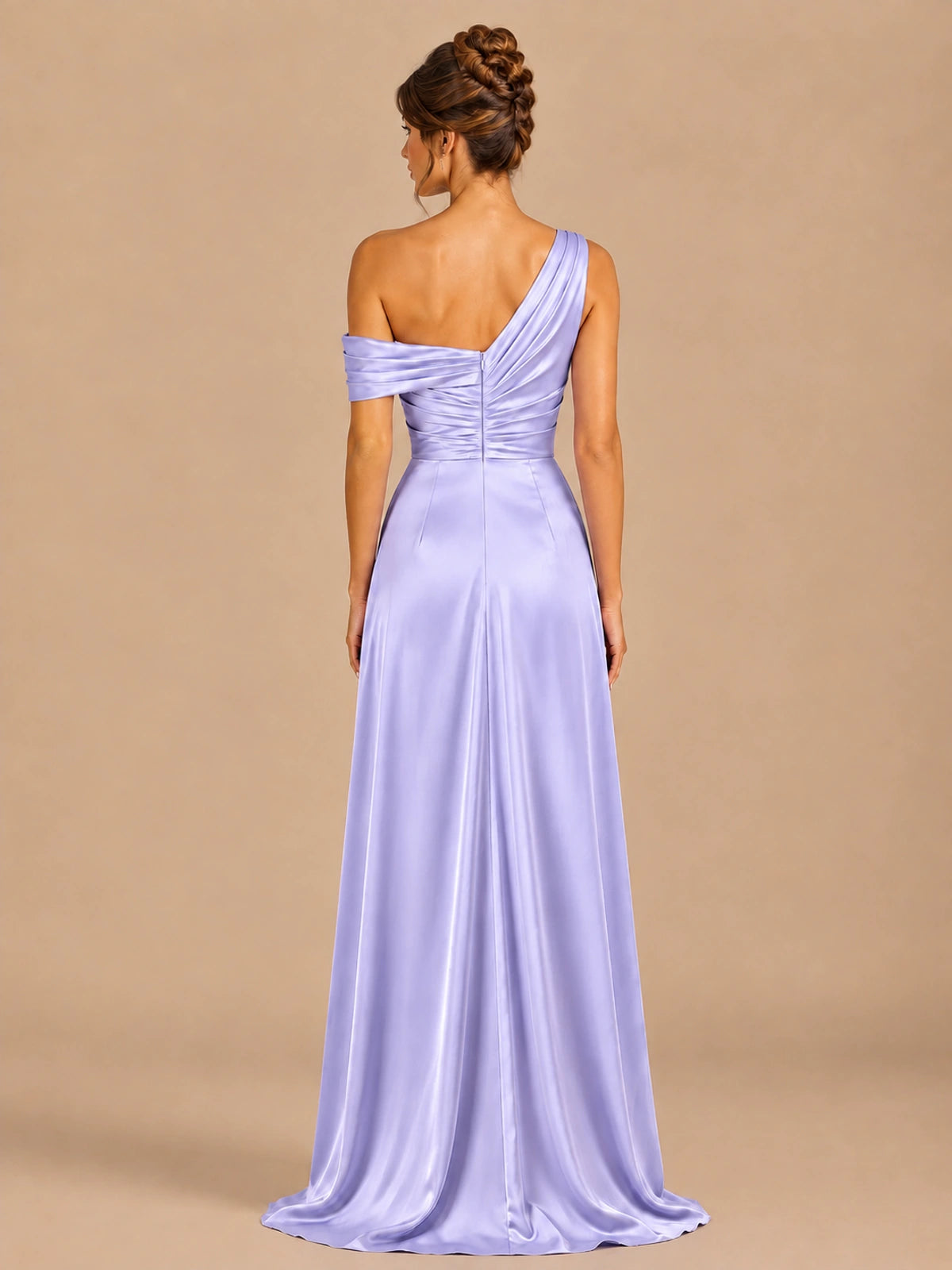 Satin One Shoulder Prom Dress Ruched Long Formal Evening Gown
