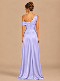 Satin One Shoulder Prom Dress Ruched Long Formal Evening Gown