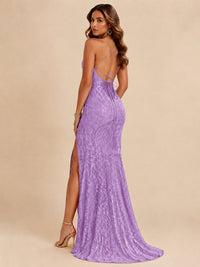 Sequin Lace Appliques Mermaid Prom Dress Spaghetti Strap Formal Gowns with Slit