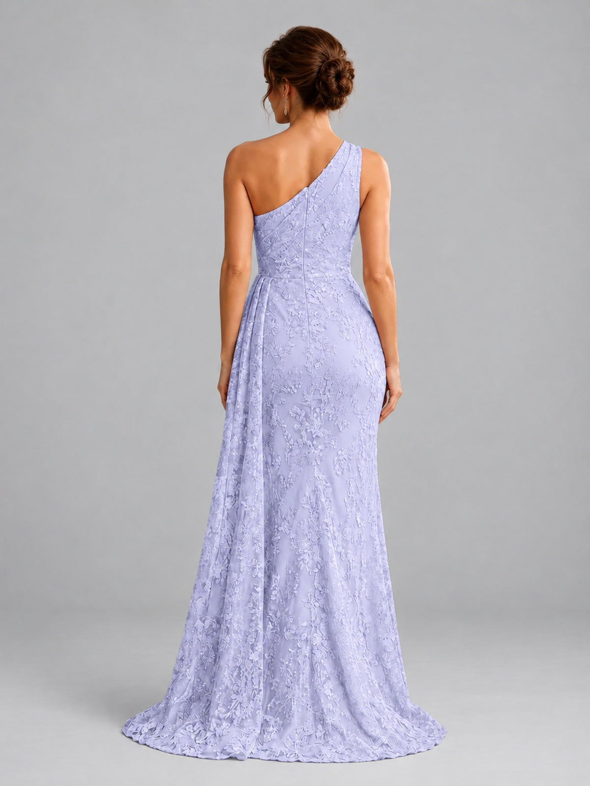 One-Shoulder Ruched Floral Lace Floor-Length Prom Dress
