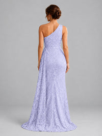 One-Shoulder Ruched Floral Lace Floor-Length Prom Dress