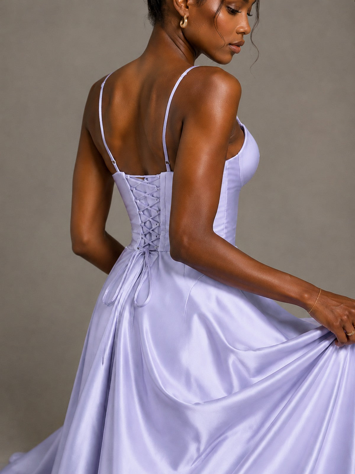 Lavender V Neck Satin Prom Dress with Spaghetti Straps