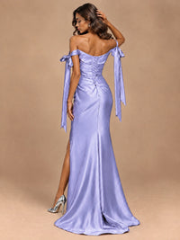 Off The Shuolder Satin Prom Dress Slit Mermaid Formal Gowns