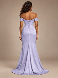 Burgundy Off-the-Shoulder Satin Corset Prom Dress with Slit