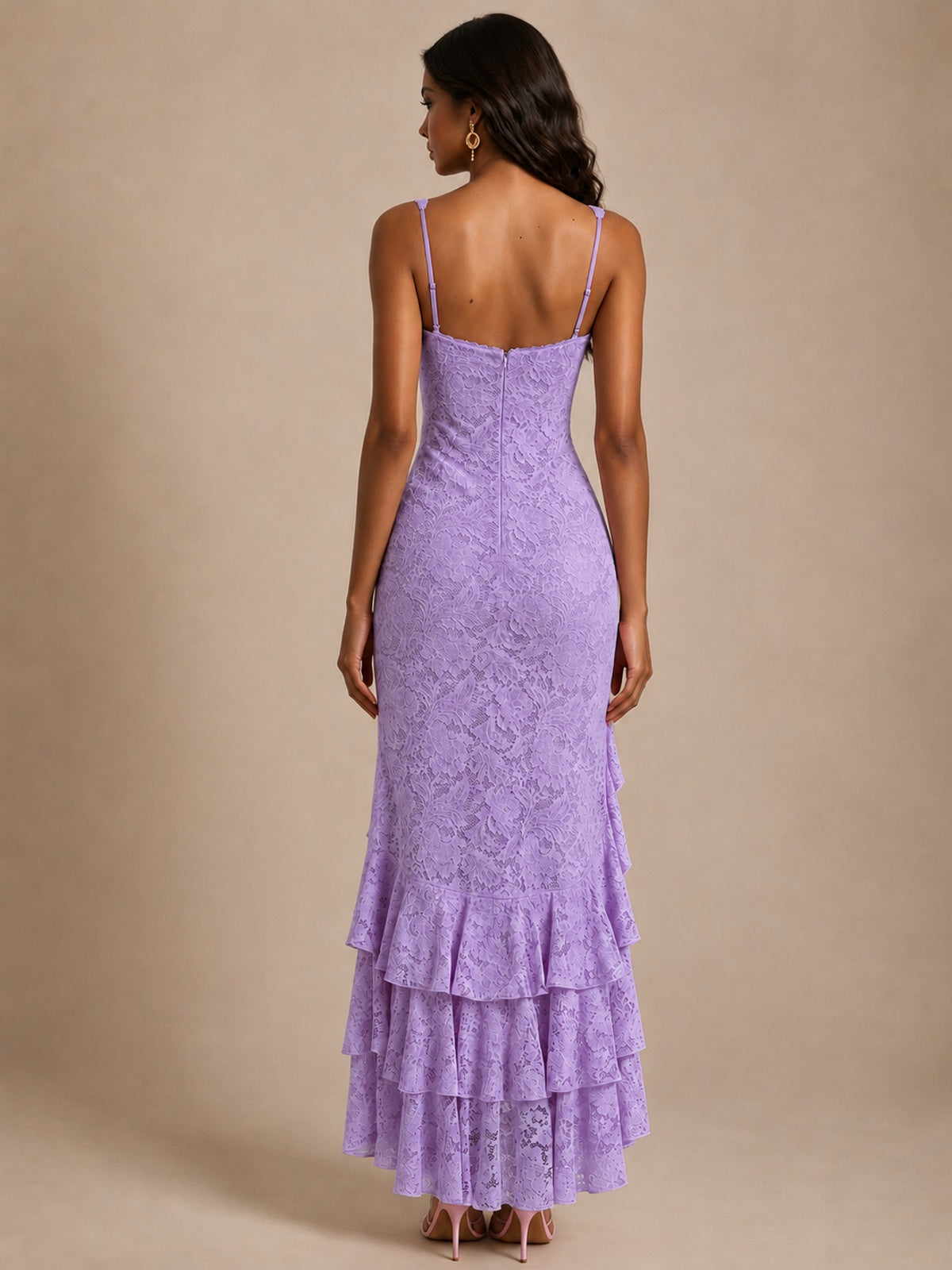 Square-Neck Lace Ruffle High-Low Maxi Dress