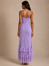 Square-Neck Lace Ruffle High-Low Maxi Dress