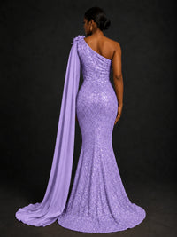 Gold Sequin One Shoulder Mermaid Prom Dress with Cape