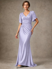 V-Neck Satin Mother of the Bride Dress with Flutter Sleeves