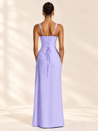 Square Neck Satin Sleeveless Ruched Prom Dress with High Slit