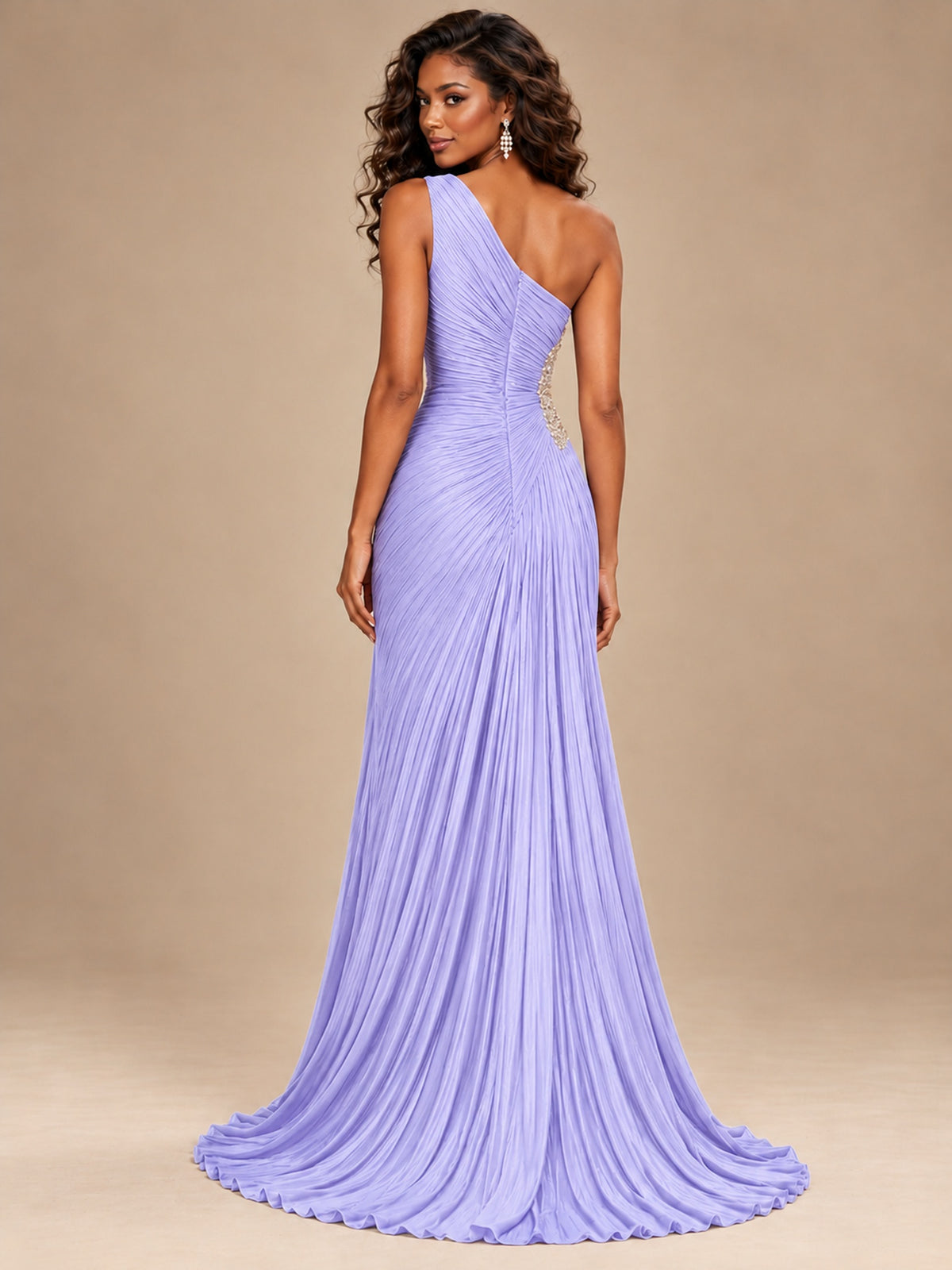 Burgundy One Shoulder Ruched Prom Dress with High Slit & Beaded Waist