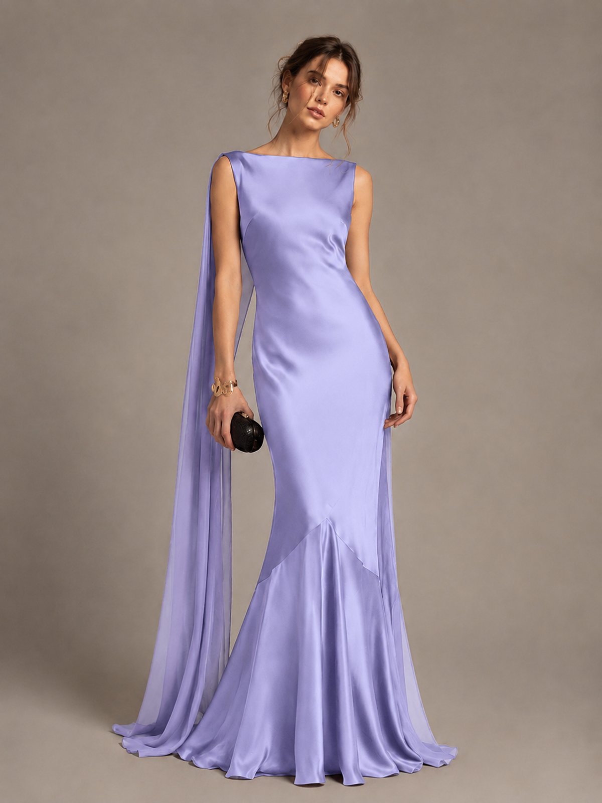 Burgundy Satin Mermaid Cape Maxi Dress