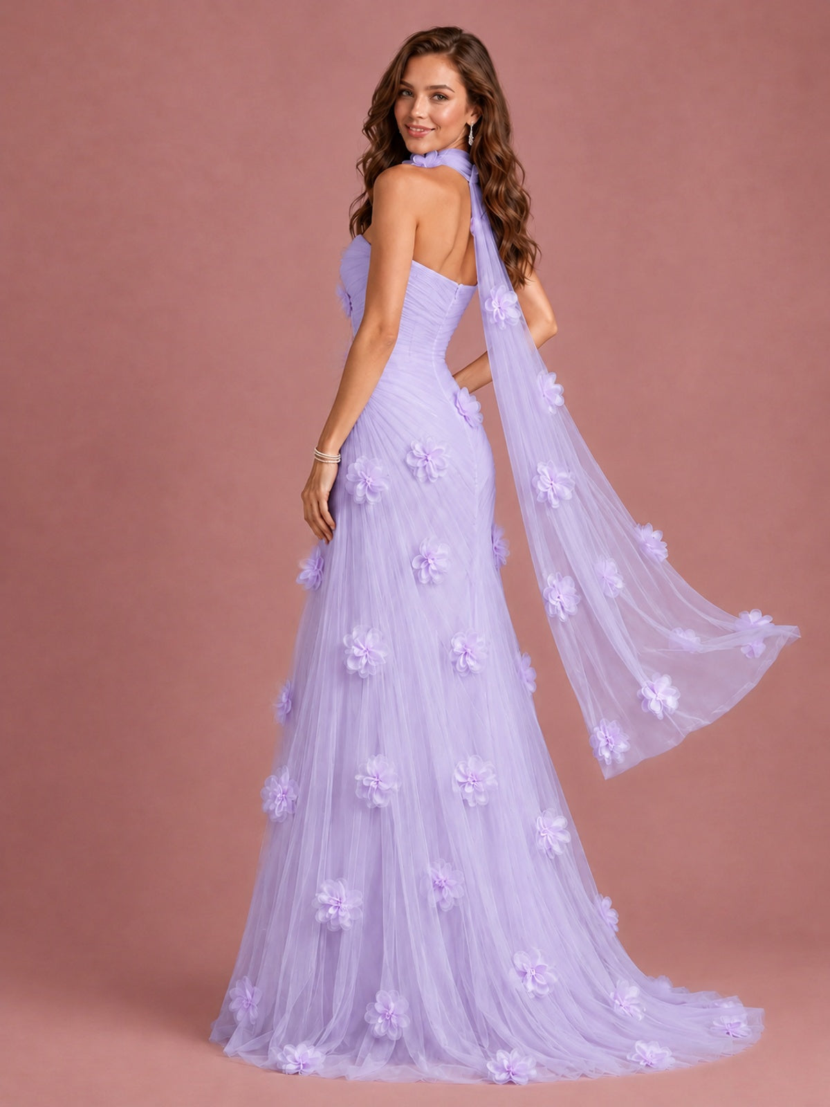 Blush Pink Strapless Sweetheart 3D Floral Tulle Mermaid Prom Dress