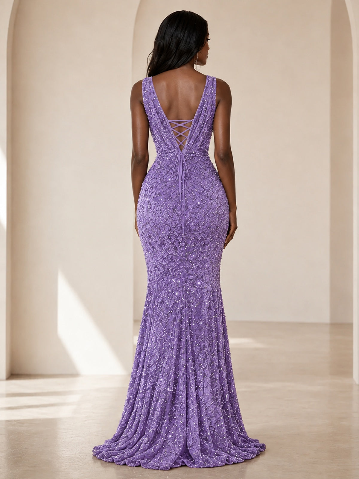 Sequin Mermaid Prom Dress with V-Neck and Ruched Waist
