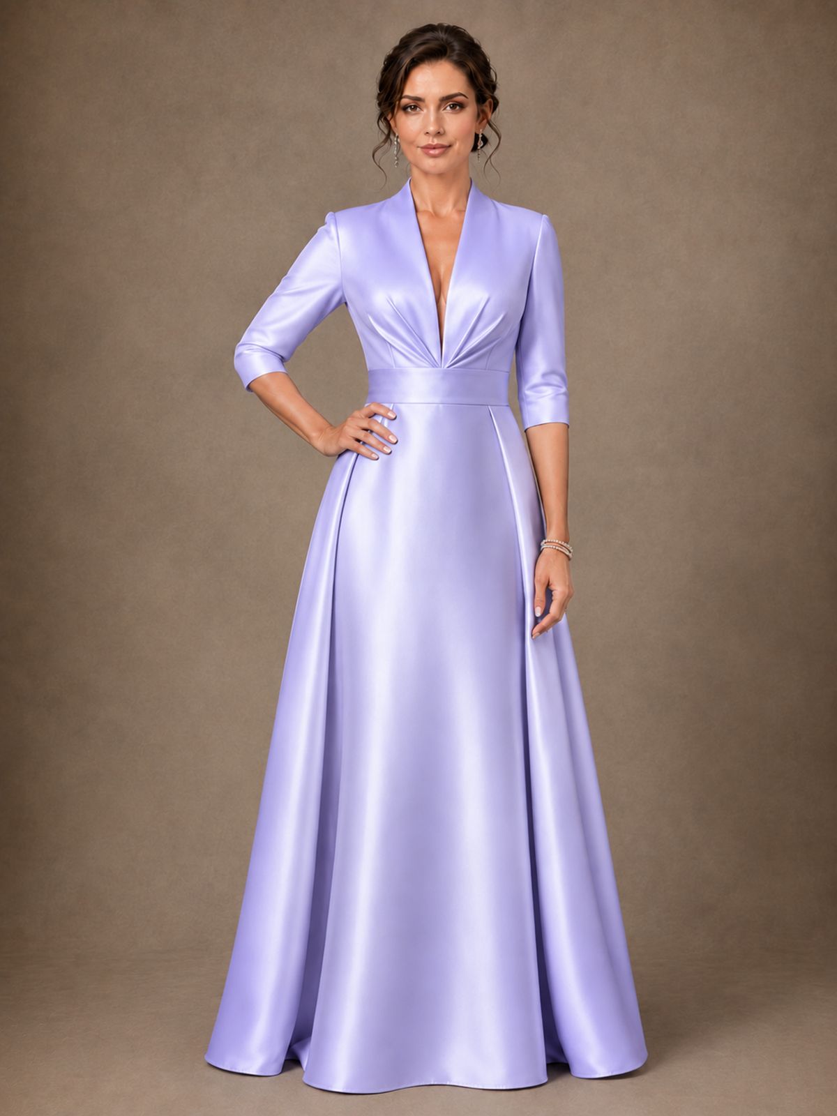 V-Neck Pleated Satin Mother of the Bride Gown with 3/4 Sleeves