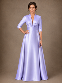 V-Neck Pleated Satin Mother of the Bride Gown with 3/4 Sleeves