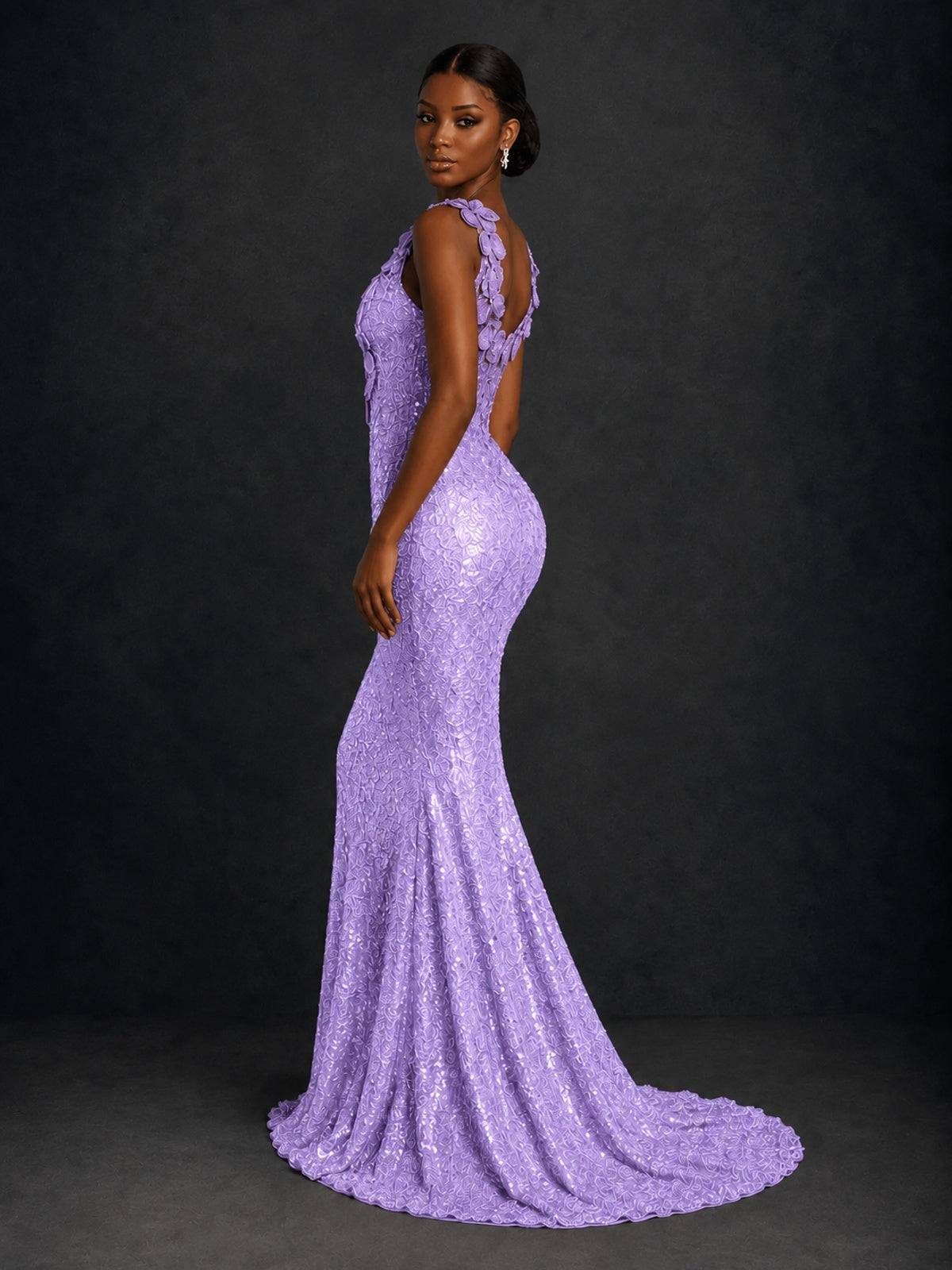 Gold Sequin Floral Applique Mermaid Prom Dress