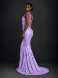 Gold Sequin Floral Applique Mermaid Prom Dress