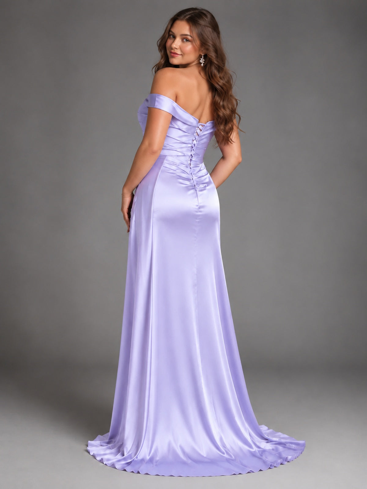 Off Shoulder Satin Maxi Dress with Slit