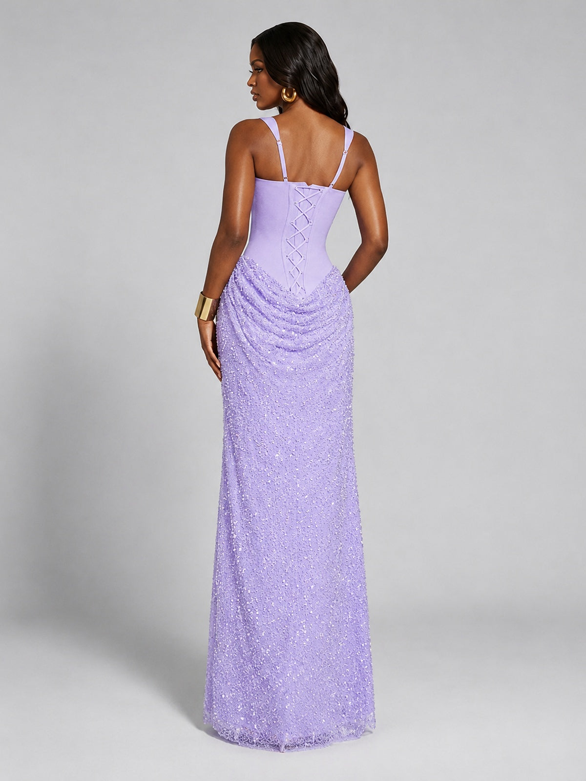 Sequin Corset Mermaid Prom Dress with Square Neck Wide Strap High Slit