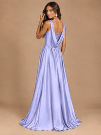 Cowl Neck Pleated Satin Prom Dress with Pockets & Slit Maxi Formal Gowns