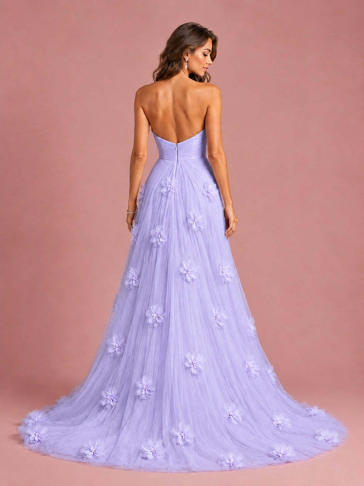 3D Floral Applique Strapless Tulle Prom Dress with High Slit