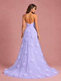 3D Floral Applique Strapless Tulle Prom Dress with High Slit