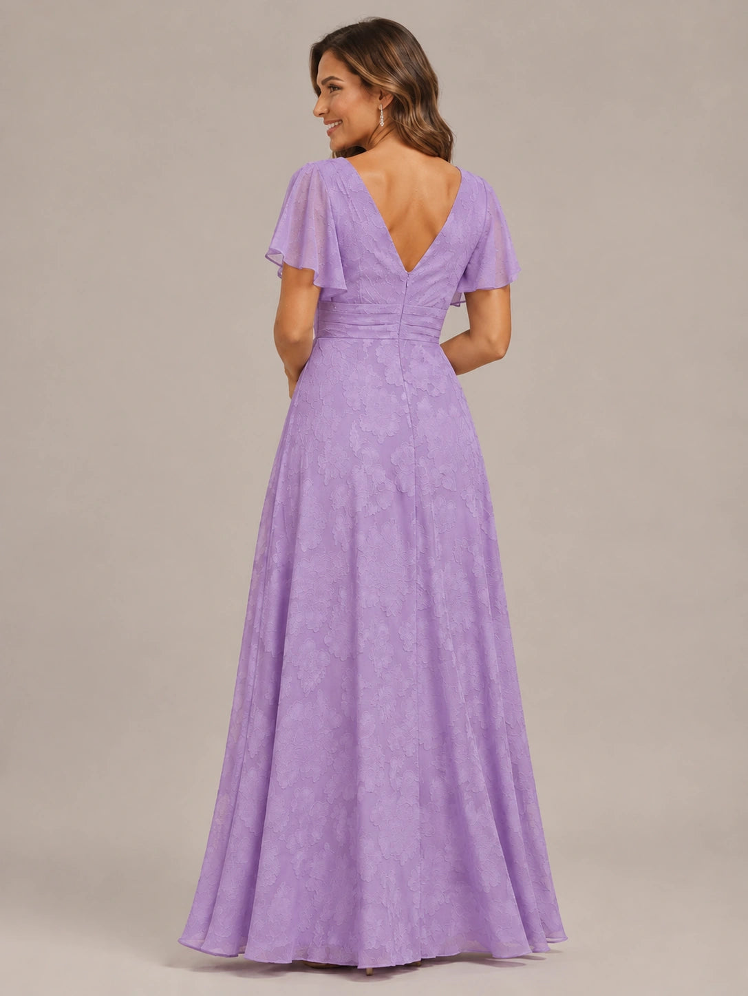 Jovellee Floral Chiffon A-Line Mother of the Bride Dress with Flutter Sleeves