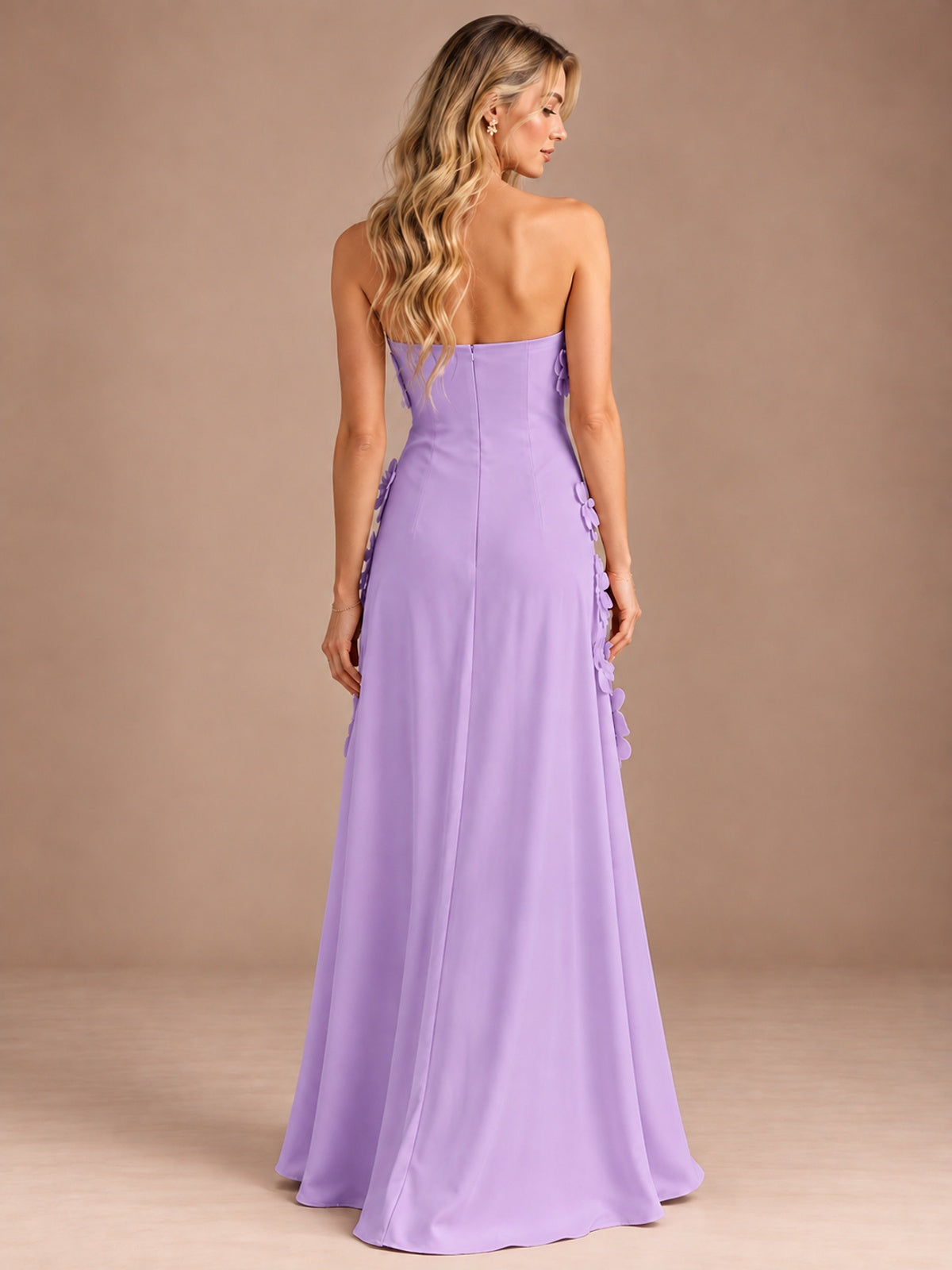 Yellow Strapless A-line Satin Maxi Dress with 3D Floral