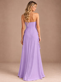 Yellow Strapless A-line Satin Maxi Dress with 3D Floral
