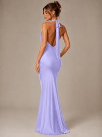 Olive Green Halter Satin Mermaid Maxi Dress